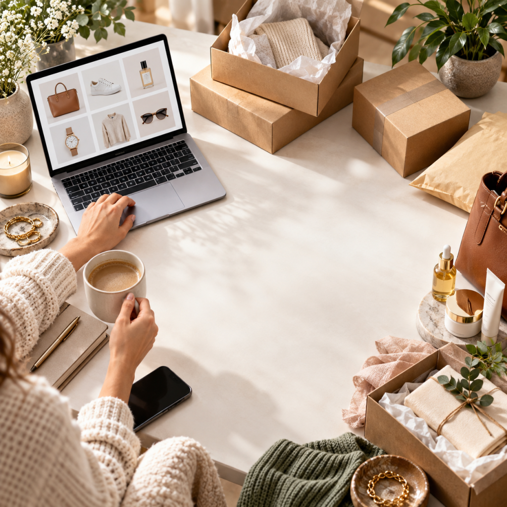 A store owner browsing an online shop on a laptop, surrounded by packed orders, handbags, jewellery and skincare products